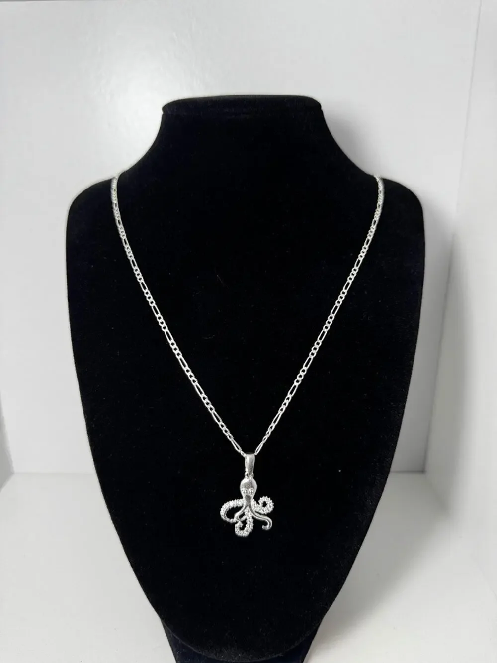 Sterling Silver Octopus Pendant Necklace 23 Inch Figaro Chain 925 CZ Accents